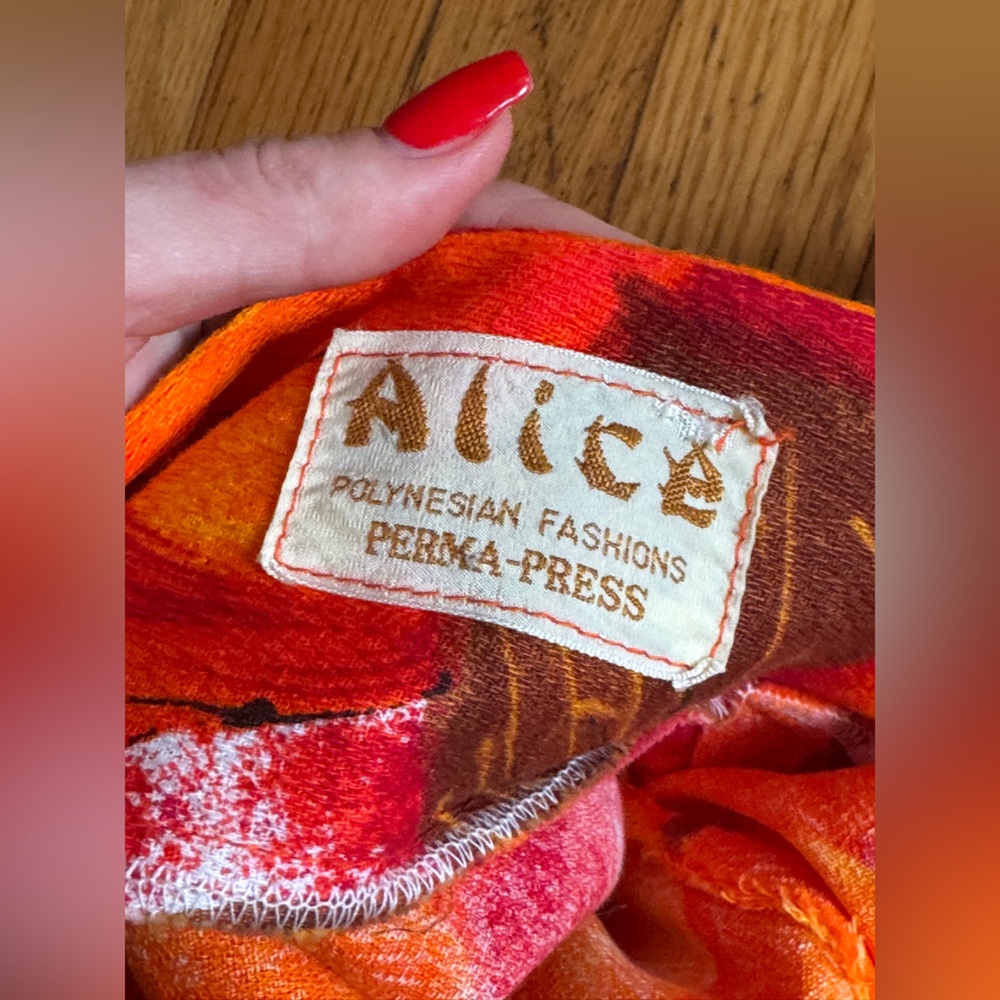 60s Vintage Alice Polynesian Bright Orange Hawaiian Bark Cloth Dress - Picture 4 of 8